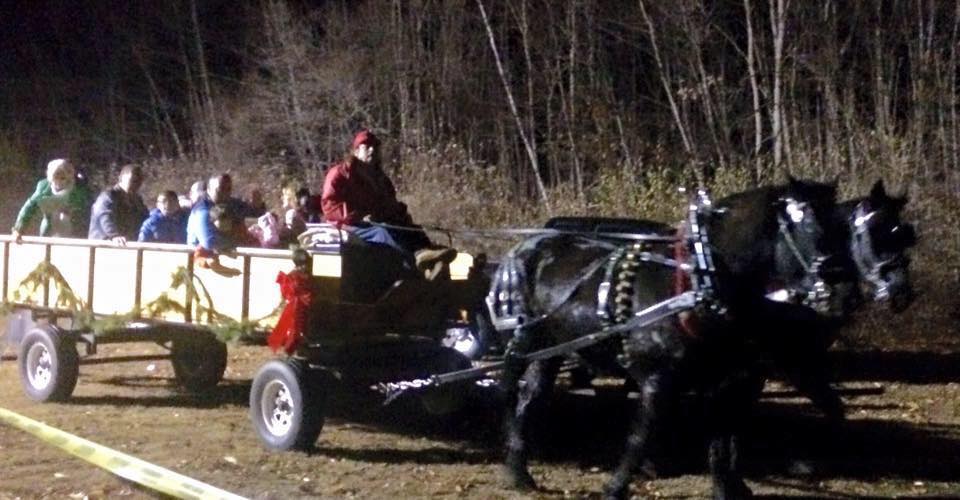 Families riding a horse drawn carriage at the Valley Angels holiday Toy Drive